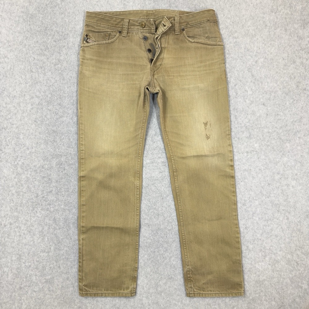 Diesel Darron Jeans Men 32x30 Tan Brown 3D Tapered Button Fly Distressed Grunge